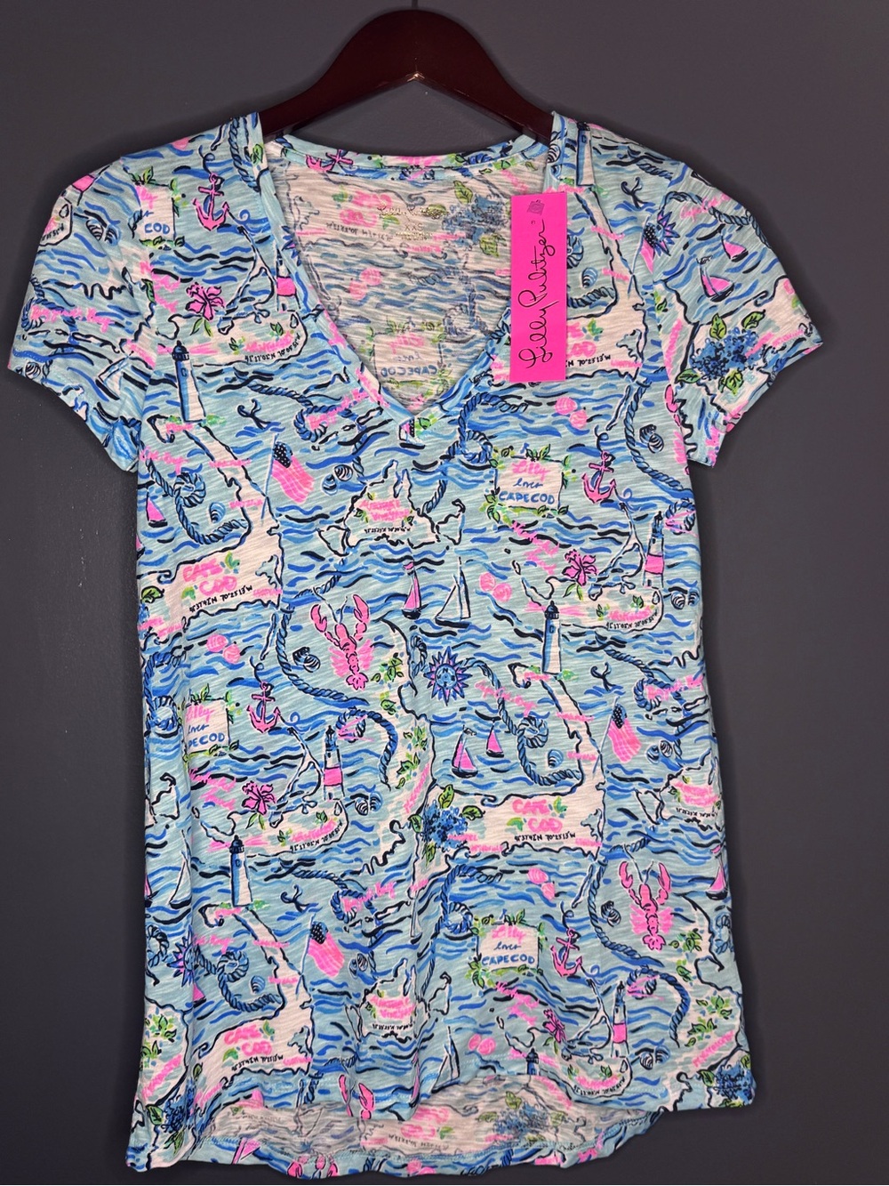 Lilly Pulitzer V-Neck Short Sleeve Vacation Blue Loves Cape Cod- X X Small-NWT